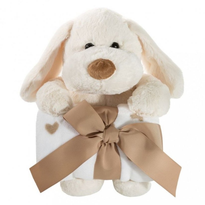 Biela detská deka so srdiečkami a hračkou psíka v darčekovom balení