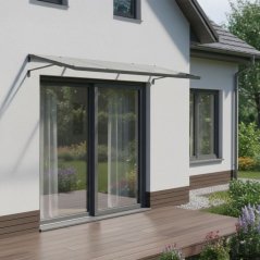 Bejárati polikarbonát előtető az ajtó felett acélszerkezettel