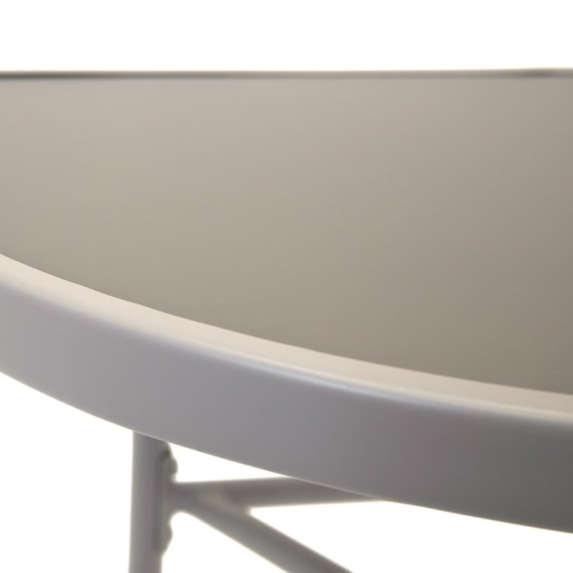 Pologuľatý balkónový stolík béžový – sklenený s kovovou konštrukciou