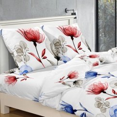 Syntetické bavlněné povlečení v bílé barvě s červenými a modrými květy