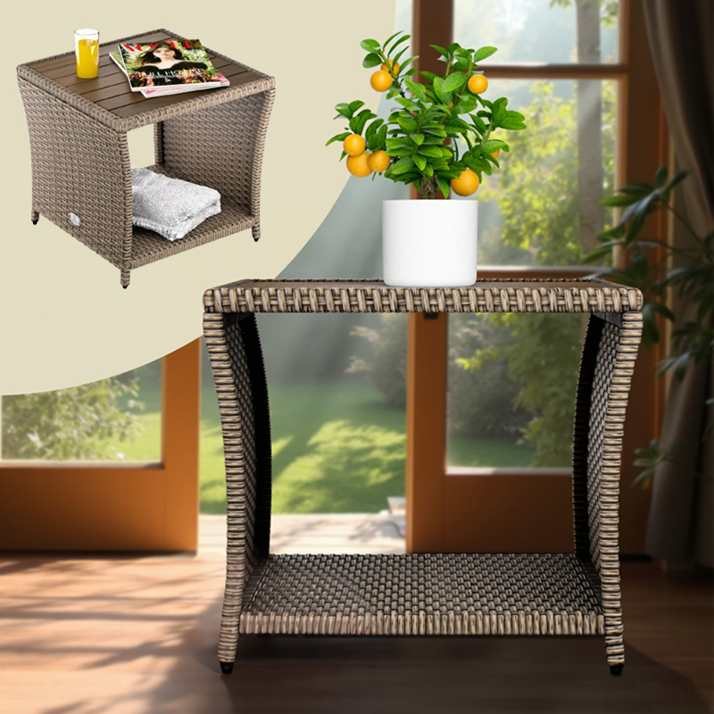 Măsuță laterală din poliratan cu blat din lemn de salcâm 45 × 45 cm