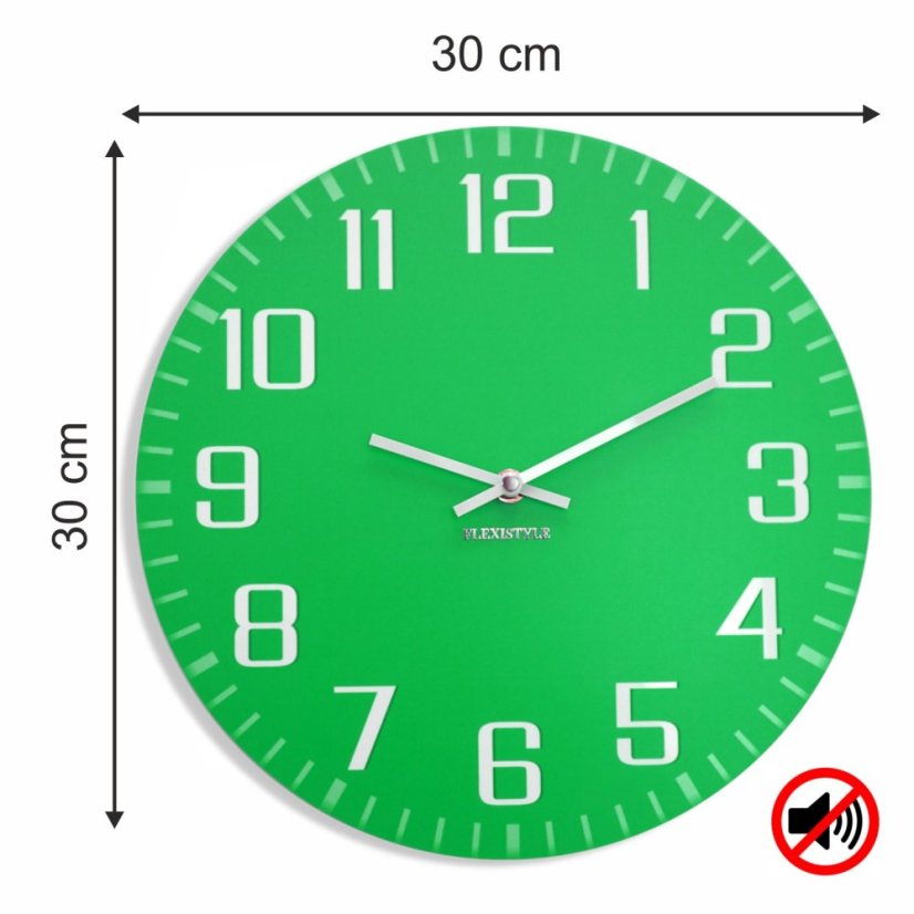 Zelené hodiny na zeď s tichým chodem
