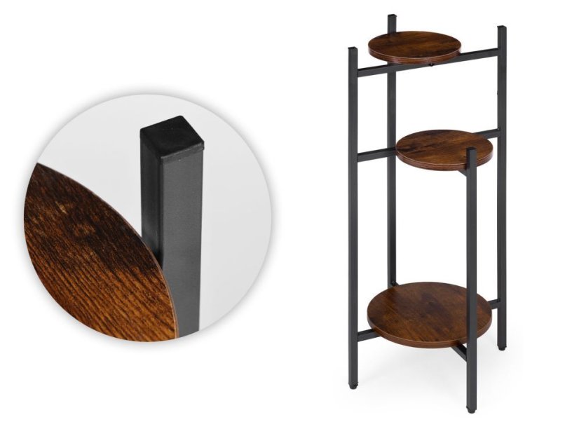 Stojan na květiny Loft - třípatrová police s kulatými dřevěnými policemi