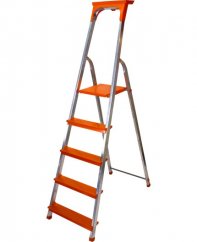 Hliníkový rebrík s 5 schodíkmi a nosnosťou 150 kg, oranžovej farby