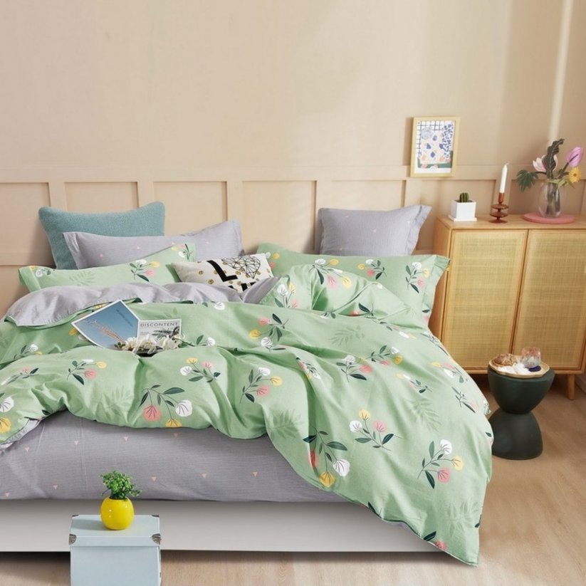 Obojstranné kvetinové posteľné obliečky zelenej farby