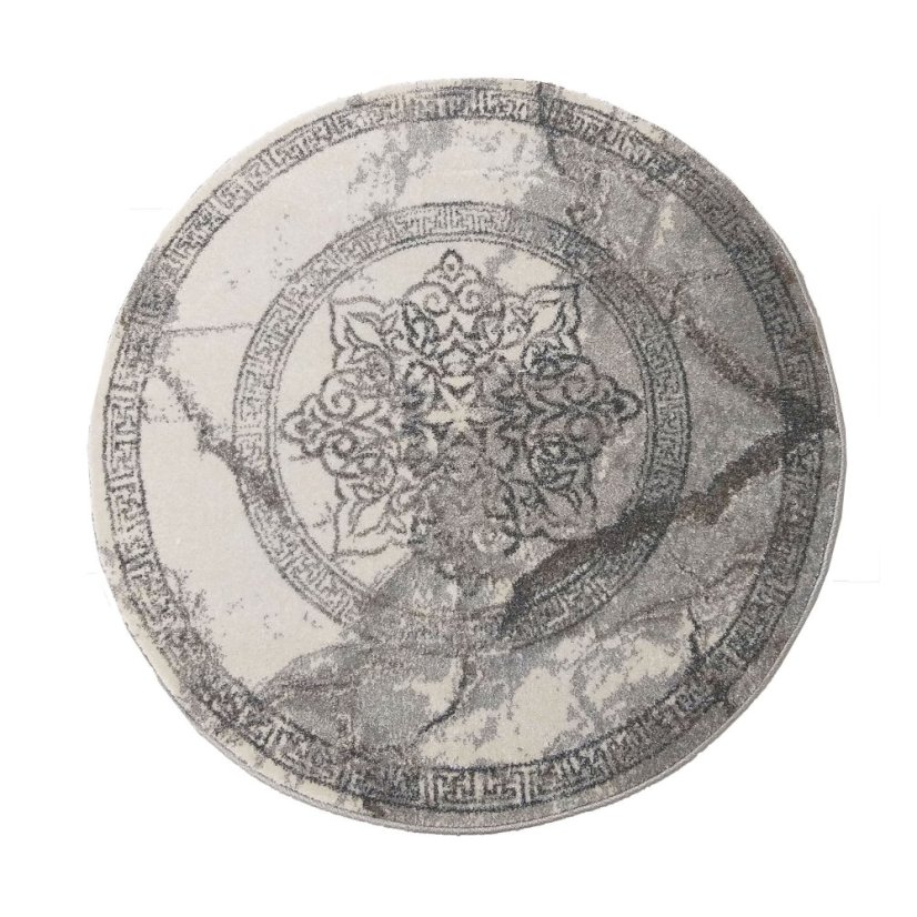 Okrúhly koberec so vzorom mandaly sivej farby