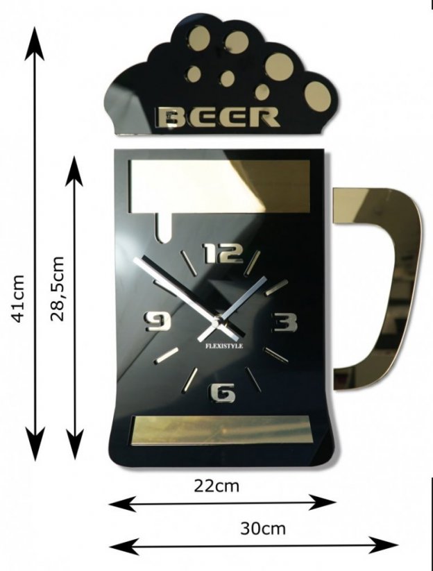 Particolare orologio da parete nero con deisng bicchiere di birra