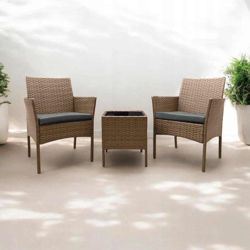 Ratanová súprava so stolíkom a 2 kreslami - prírodná hnedá + sivé vankúše