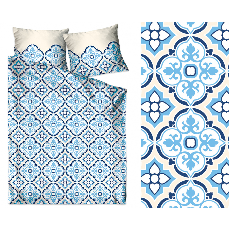 Modré vzorované obliečky z bavlneného saténu najvyššej kvality - Rozmer: 3 časti: 1ks 200x220 + 2ks 70 cmx80