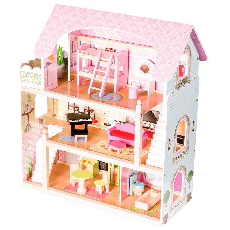 Růžový dřevěný domeček s panenkami