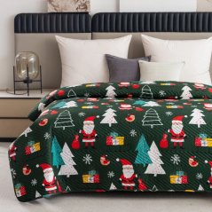 Prešívaný vianočný prehoz so Santa Clausom – zelený dekoračný prehoz na posteľ