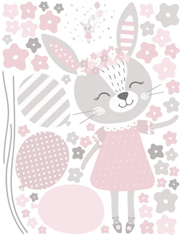 Стикер за стена за малко момиче розово зайче с балони 92 x 55 cm