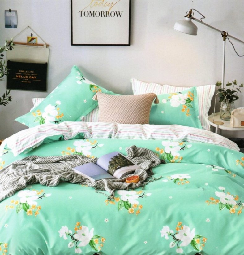 Lenjerie de pat verde cu două fețe, cu flori