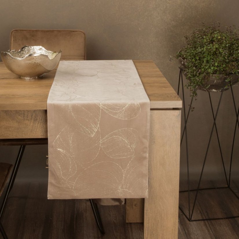 Bársony középső terítő fényes bézs színű levélmintával