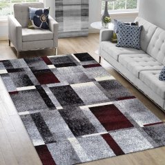 Koberec s geometrickými vzory v červeno-šedé barevné kombinaci 