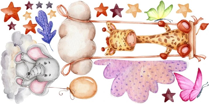 Adesivo murale per bambini amici elefante e giraffa sull'altalena