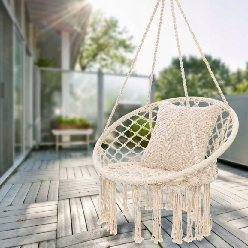 Závesná hojdačka bocianie hniezdo s poduškou v béžovej farbe