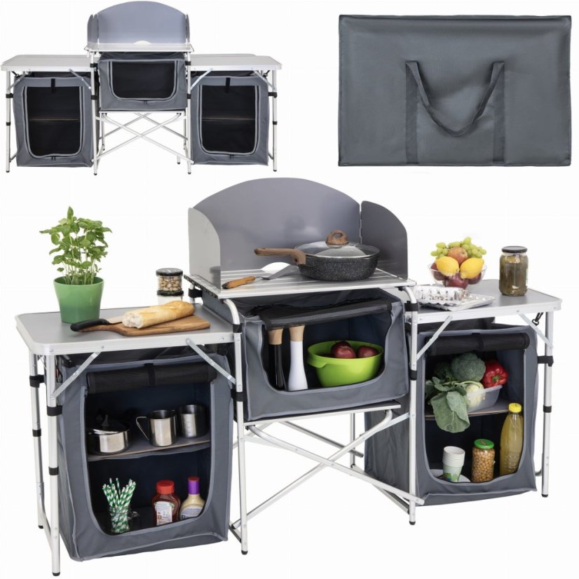 Große faltbare Campingküche mit 3 Fächern 175 x 47 cm - grau