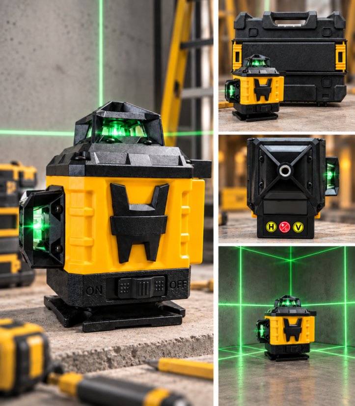 16řádkový 4D 360° samonivelační křížový laser se stativem a 2 bateriemi, zelený