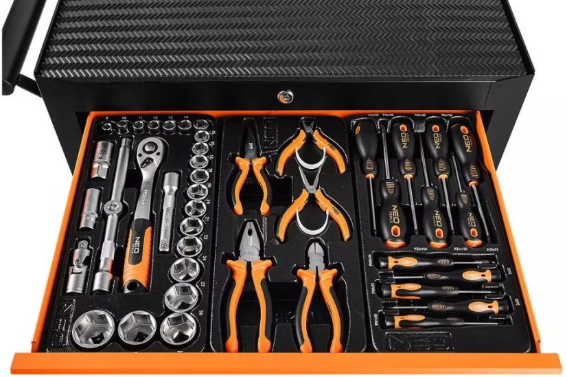 Skrinka na náradie NEO TOOLS s 5 zásuvkami a 117-dielnou sadou – profesionálny dielenský box