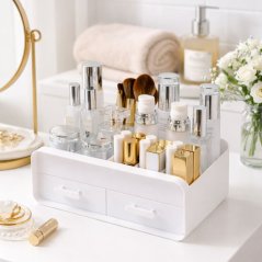 Multifunkcionális kozmetikai szervező fiókokkal és rekeszekkel