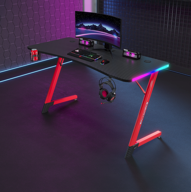 Čierno-červený herný stôl, PC stôl s LED osvetlením RGB