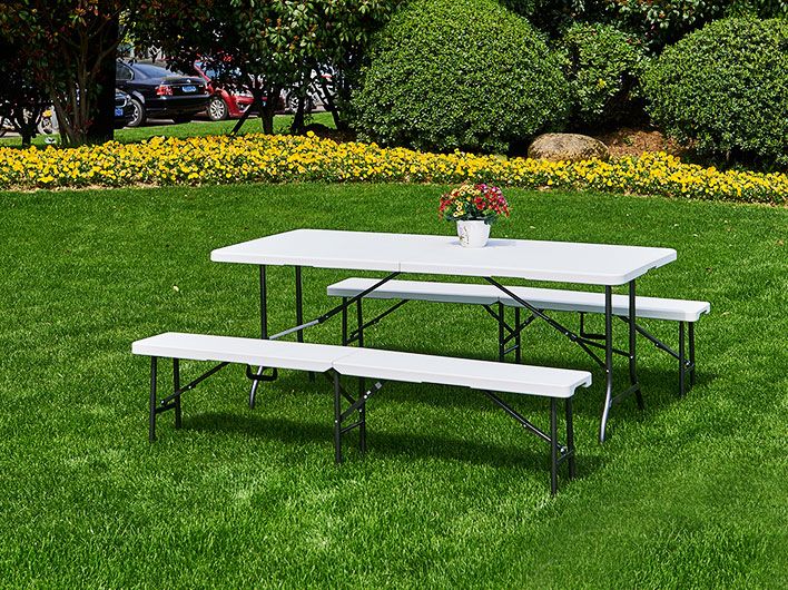 Catering-Set Tisch 180cm + 2 Bänke in weiß