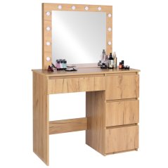 Toaletní stolek v dřevěném dekoru s LED zrcadlem a 4 zásuvkami
