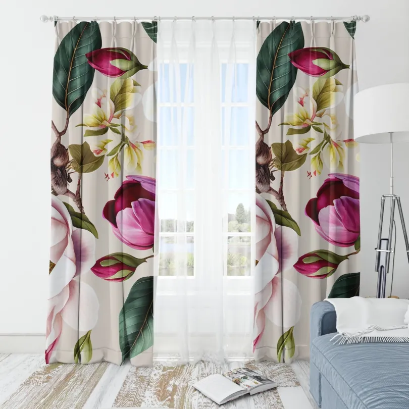 Dekoračný záves krémový s výraznými kvetmi magnólie