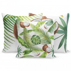 Kissenbezug mit buntem Muster aus Blättern und Kokosnüssen
