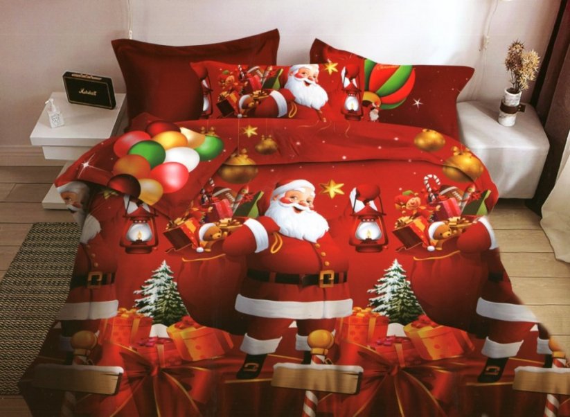Červené posteľné obliečky na vianoce s potlačou mikuláša