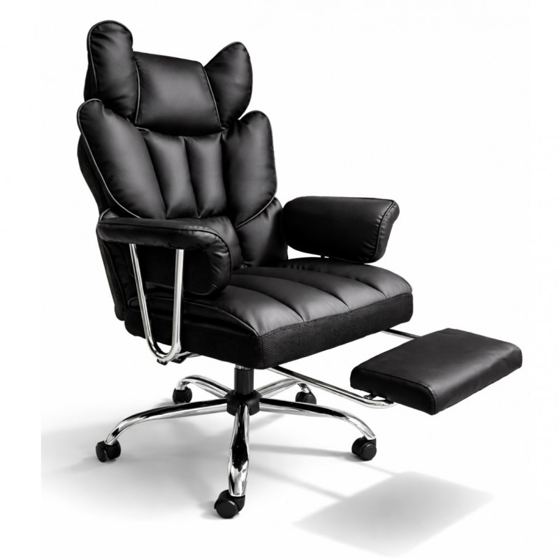 Луксозен офис стол RELAX PRO с поставка за крака - черна екокожа