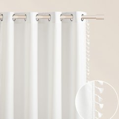 Бяла завеса LARA на сребърни кръгове с пискюли 140 x 250 cm
