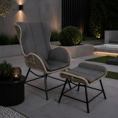 Fotoliu de grădină cu taburet – set din technorattan cu perne pentru terasă și balcon