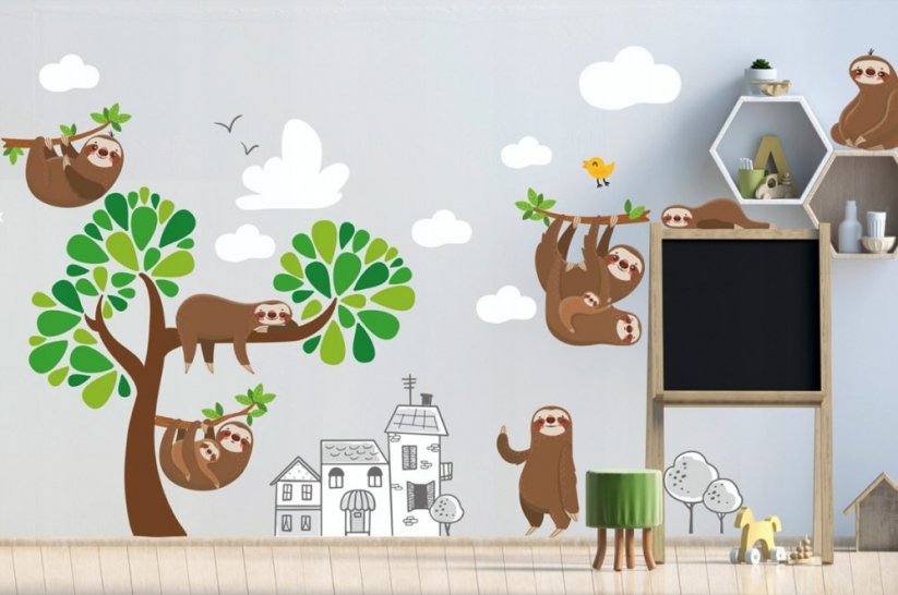 Adesivo da parete grande per bambini con famiglia di bradipi 100 x 200 cm