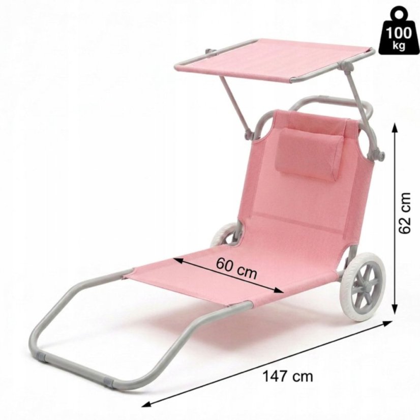 Plážové ležadlo 2v1 s kolieskami a strieškou – skladacie lehátko s vozíkom a vankúšom