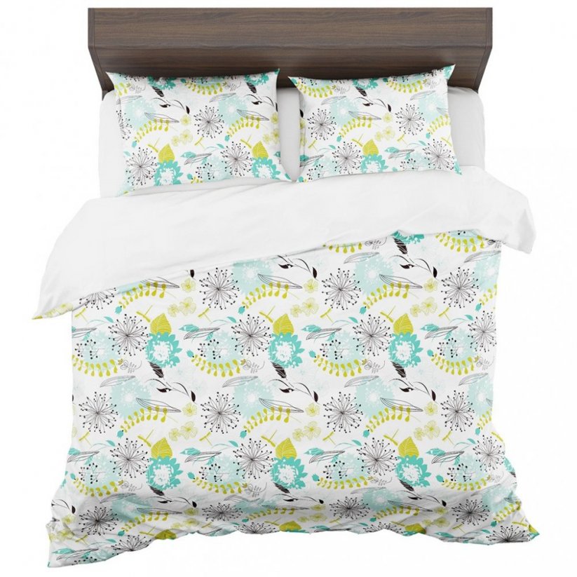 Obojstranné posteľné obliečky bielo modré s motívom rozkvitnutých púpav