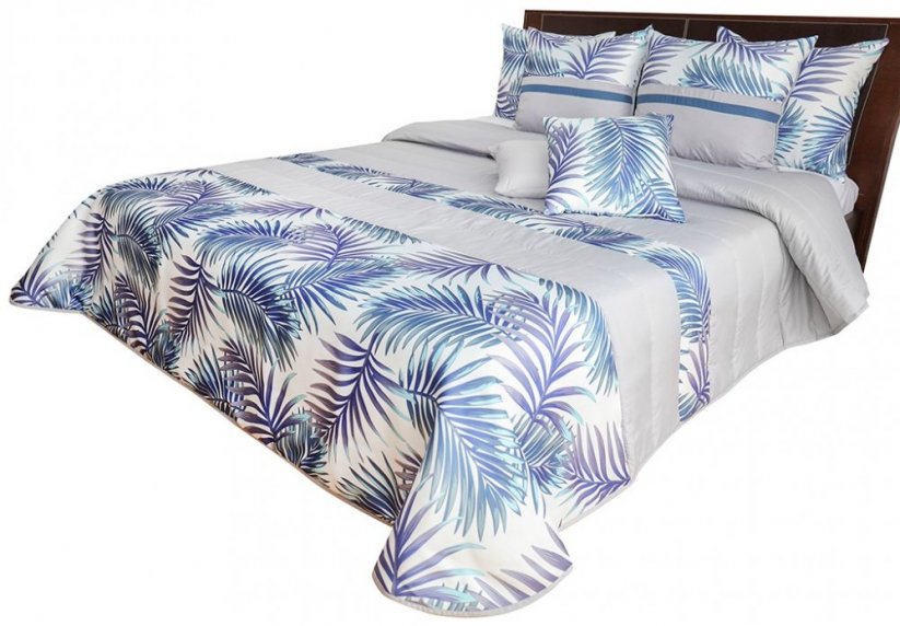 Moderní přehoz na postel v šedé barvě se vzorem modro fialových listů