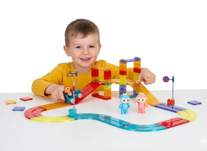 Magnetischer Baukasten für Kinder - 154-teiliger Baukasten mit Autos und LED-Hintergrundbeleuchtung