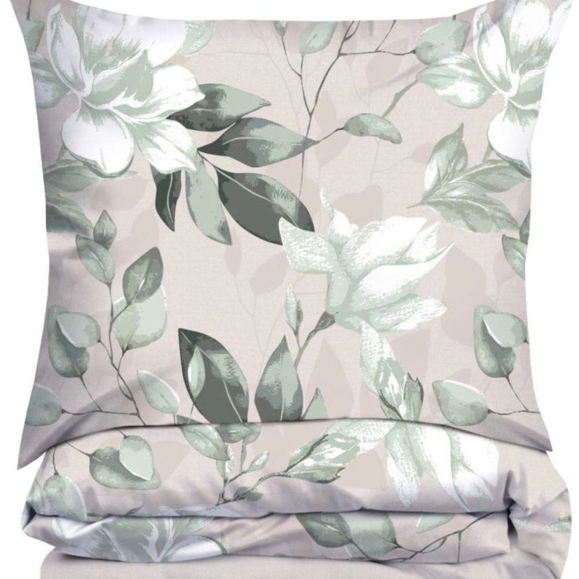 Prémiové bavlněné ložní prádlo - béžové se zelenými květy