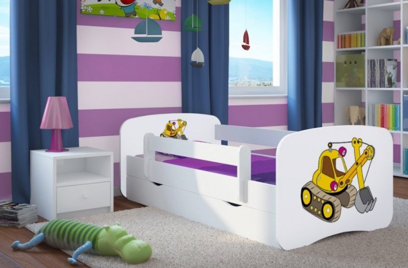 Dětská bílá postel s motivem bagr