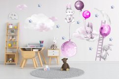 Bellissimo adesivo da parete con disegno coniglietti felici con palloncini 120 x 240 cm