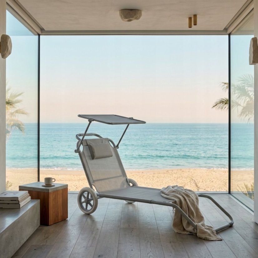 Plážové ležadlo 2v1 s kolieskami a strieškou – skladacie lehátko s vozíkom a vankúšom