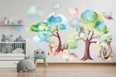 Veselá nálepka na stenu s efektom vodových farieb indi zvieratká