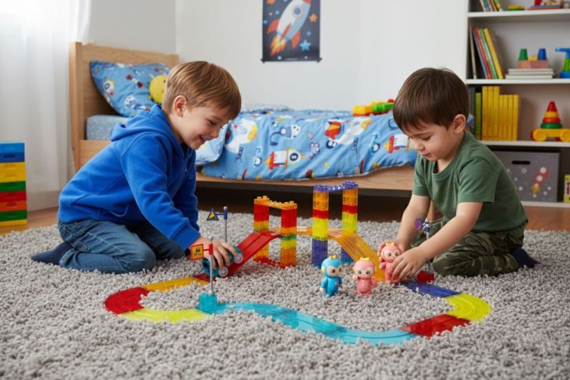 Magnetická stavebnica pre deti – 154-dielna stavebnica s autíčkami a LED podsvietením