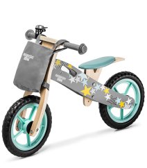 Modrý balančný bicykel s úložným vreckom