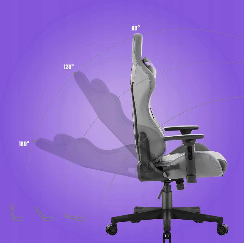 Herné ergonomické kreslo HC-2002 s nosnosťou 150 kg - sivé s fialovými detailmi