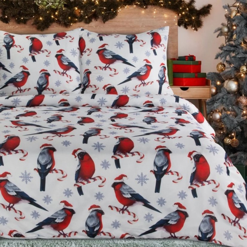 Vianočné obliečky z mikrovlákna – bielo-červené s vtáčikmi a zimným vzorom