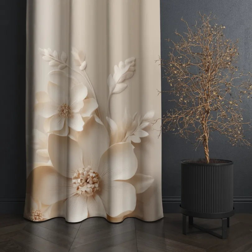 Dekoračný záves krémový s kvetinovým vzorom