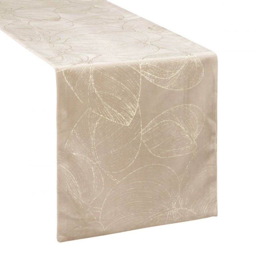 Bársony középső terítő fényes bézs színű levélmintával